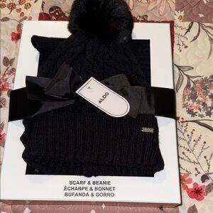 Aldo Black Knit Scarf and Beanie Set